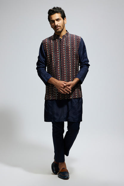 Blue Boho Geo Embellished Bundi Paired With Solid Blue Kurta And Pants