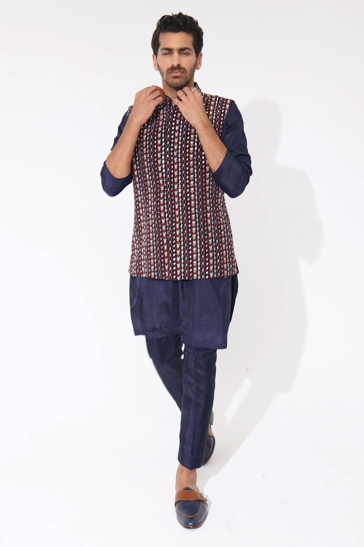 Blue Boho Geo Embellished Bundi Paired With Solid Blue Kurta And Pants