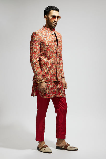 Orange Jaal Embellished Bandhgala Paired With Jaal Kurta And Pants