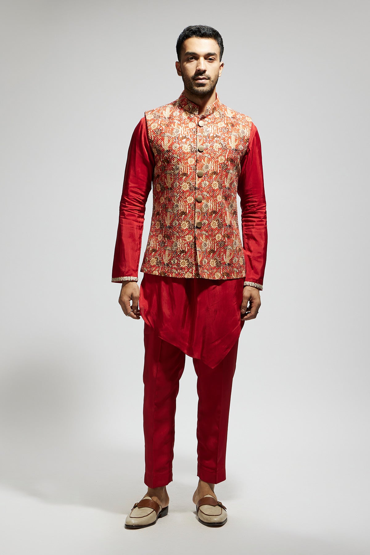 Orange Jaal Embellished Bundi Paired With Orange Drape Kurta And Pants