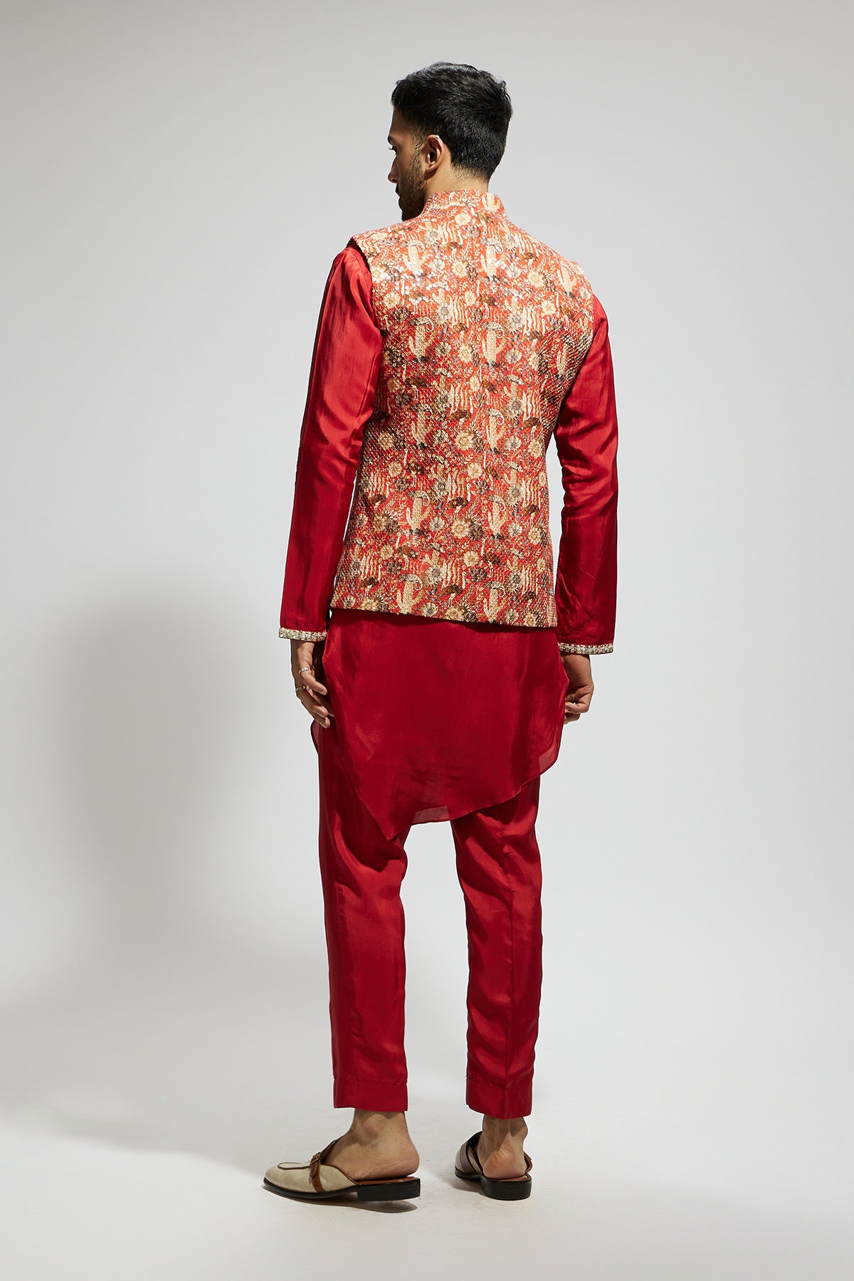 Orange Jaal Embellished Bundi Paired With Orange Drape Kurta And Pants