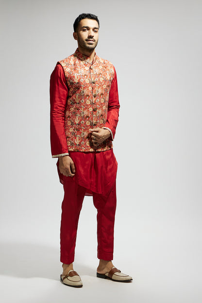 Orange Jaal Embellished Bundi Paired With Orange Drape Kurta And Pants