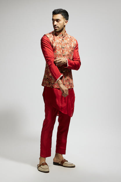 Orange Jaal Embellished Bundi Paired With Orange Drape Kurta And Pants