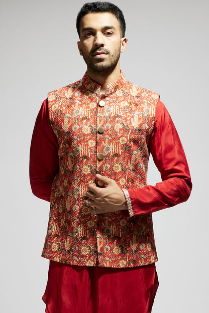 Orange Jaal Embellished Bundi Paired With Orange Drape Kurta And Pants