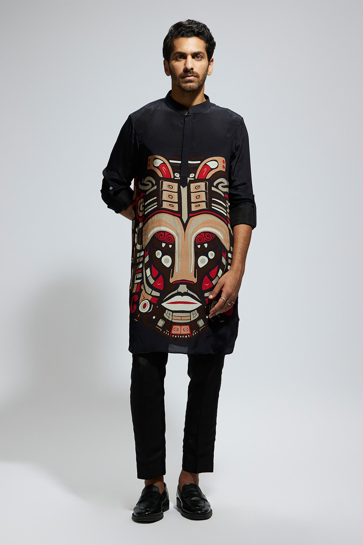 Black Mask Print Rolled up Sleeves Kurta