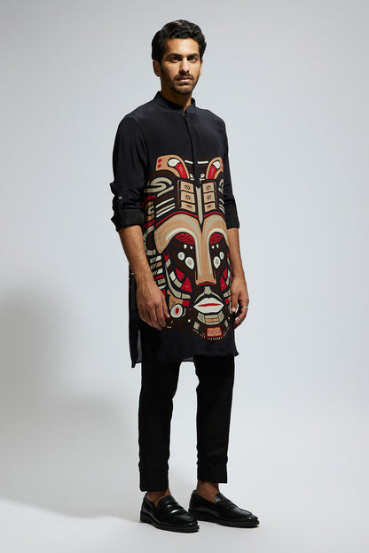 Black Mask Print Rolled up Sleeves Kurta