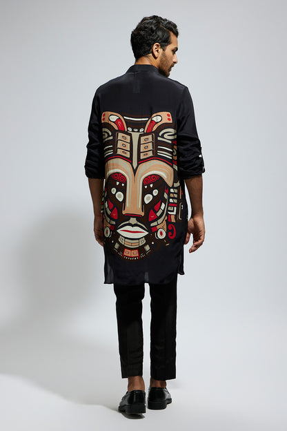 Black Mask Print Rolled up Sleeves Kurta