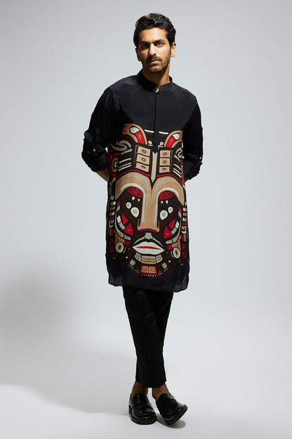 Black Mask Print Rolled up Sleeves Kurta