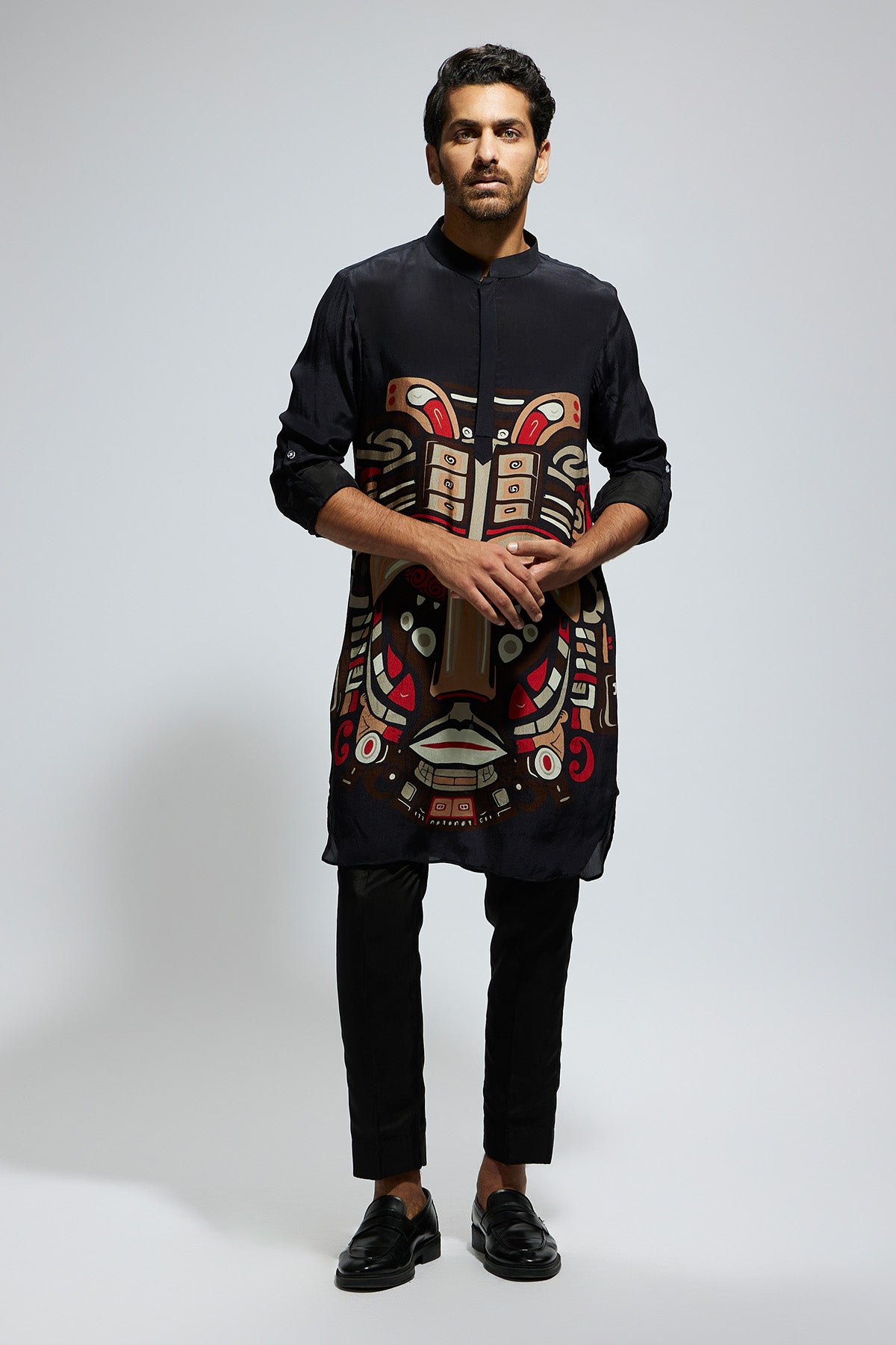 Black Mask Print Rolled up Sleeves Kurta