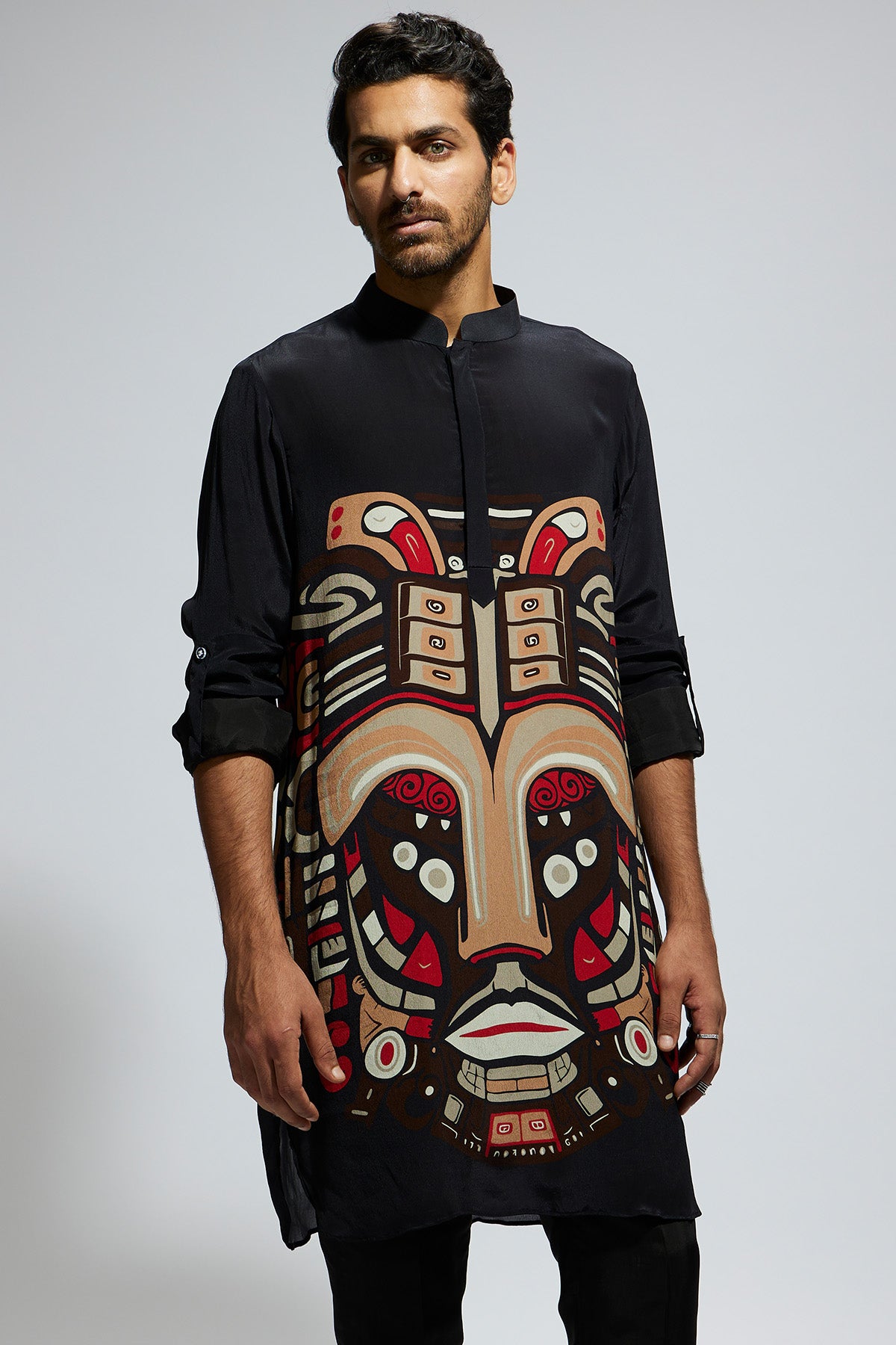 Black Mask Print Rolled up Sleeves Kurta