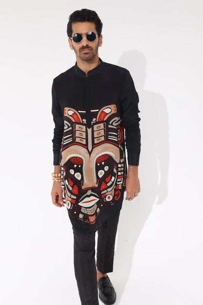 Black Mask Print Rolled up Sleeves Kurta