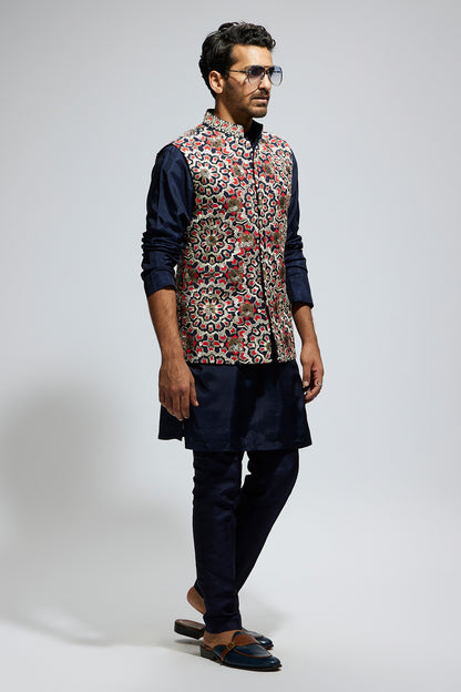 Blue Threadwork Embroidered Bundi With Blue Solid Kurta And Pants