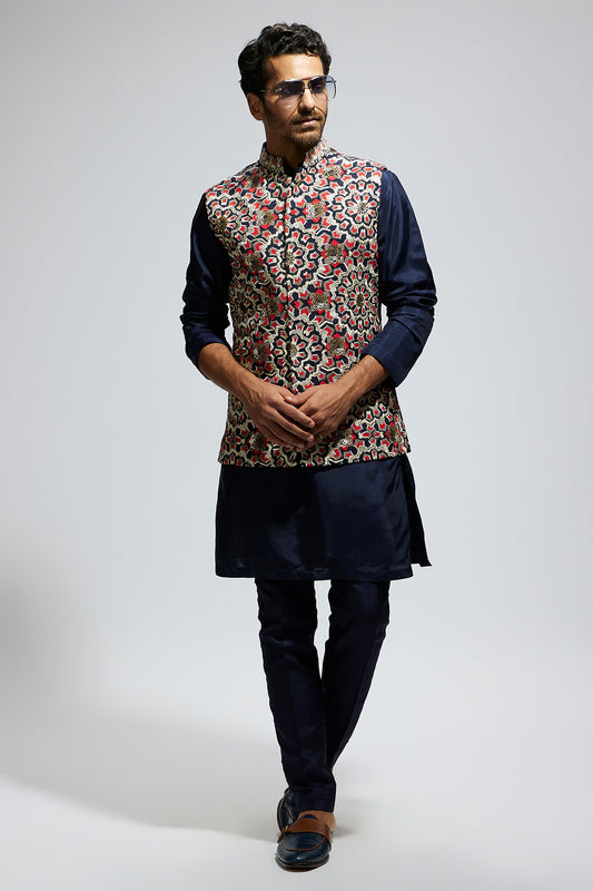 Blue Threadwork Embroidered Bundi With Blue Solid Kurta And Pants