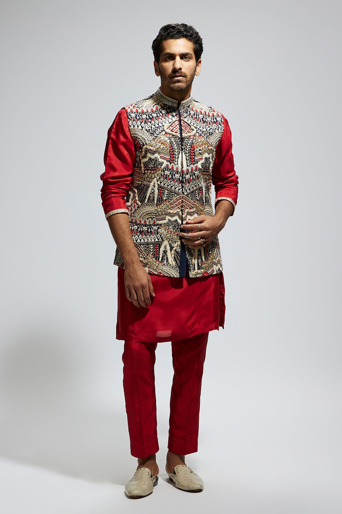 Blue Abtract Embroidered Bundi with Orange Solid Kurta and Pants