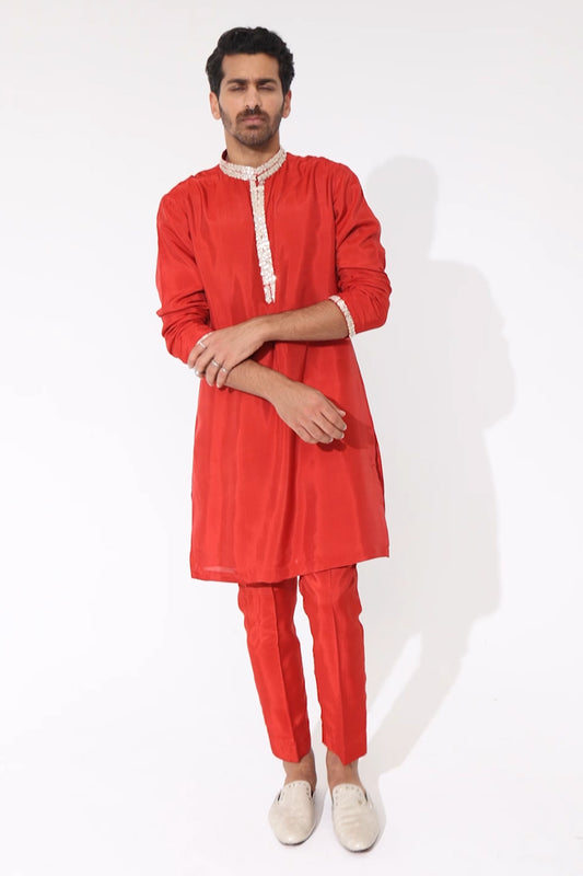 Orange Solid Kurta With Embellished Collar And Pants