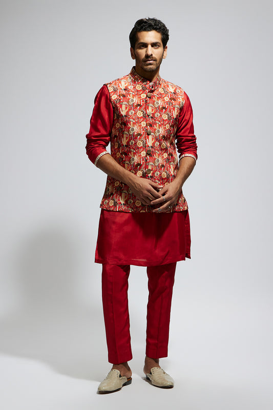 Orange Jaal Printed Bundi With Orange Solid Kurta With Pants