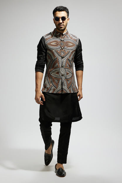 Zentangle Printed Bundi with Black Solid Kurta with Pants