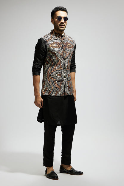 Zentangle Printed Bundi with Black Solid Kurta with Pants