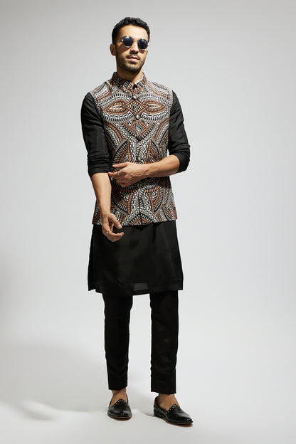 Zentangle Printed Bundi with Black Solid Kurta with Pants