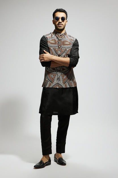 Zentangle Printed Bundi with Black Solid Kurta with Pants