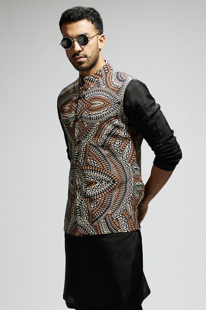 Zentangle Printed Bundi with Black Solid Kurta with Pants