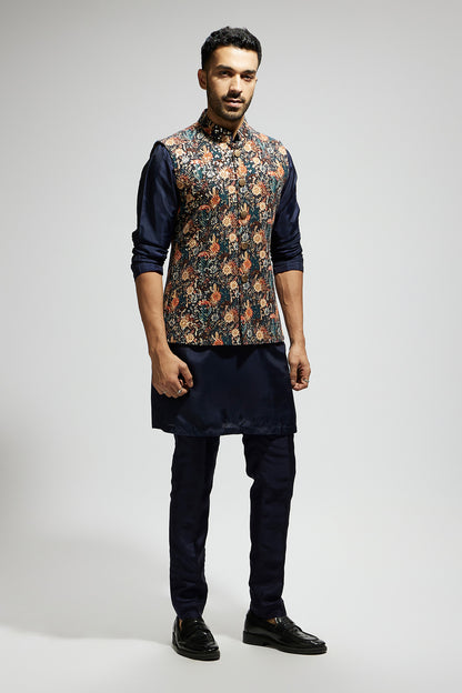 Blue Jaal Embellished Bundi Paired with Solid Blue Kurta and Pants