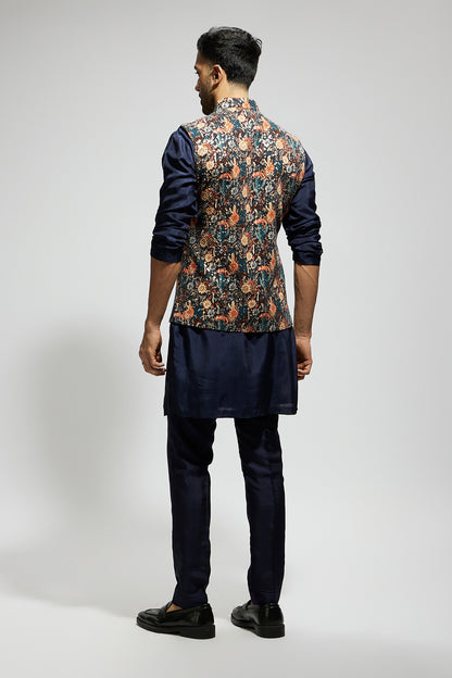 Blue Jaal Embellished Bundi Paired with Solid Blue Kurta and Pants