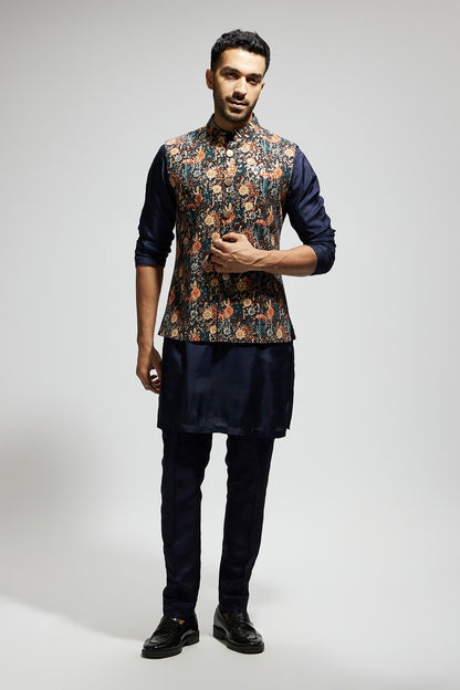 Blue Jaal Embellished Bundi Paired with Solid Blue Kurta and Pants