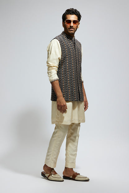 Black Boho Stripe Embellished Bundi with Ivory Kurta and Pants