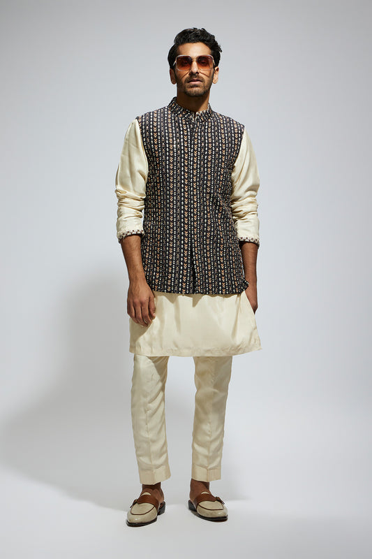 Black Boho Stripe Embellished Bundi with Ivory Kurta and Pants