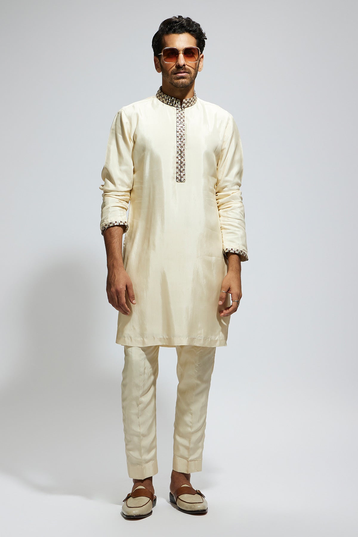 Beige Solid Kurta with Embellished Collar and Kurta Patti