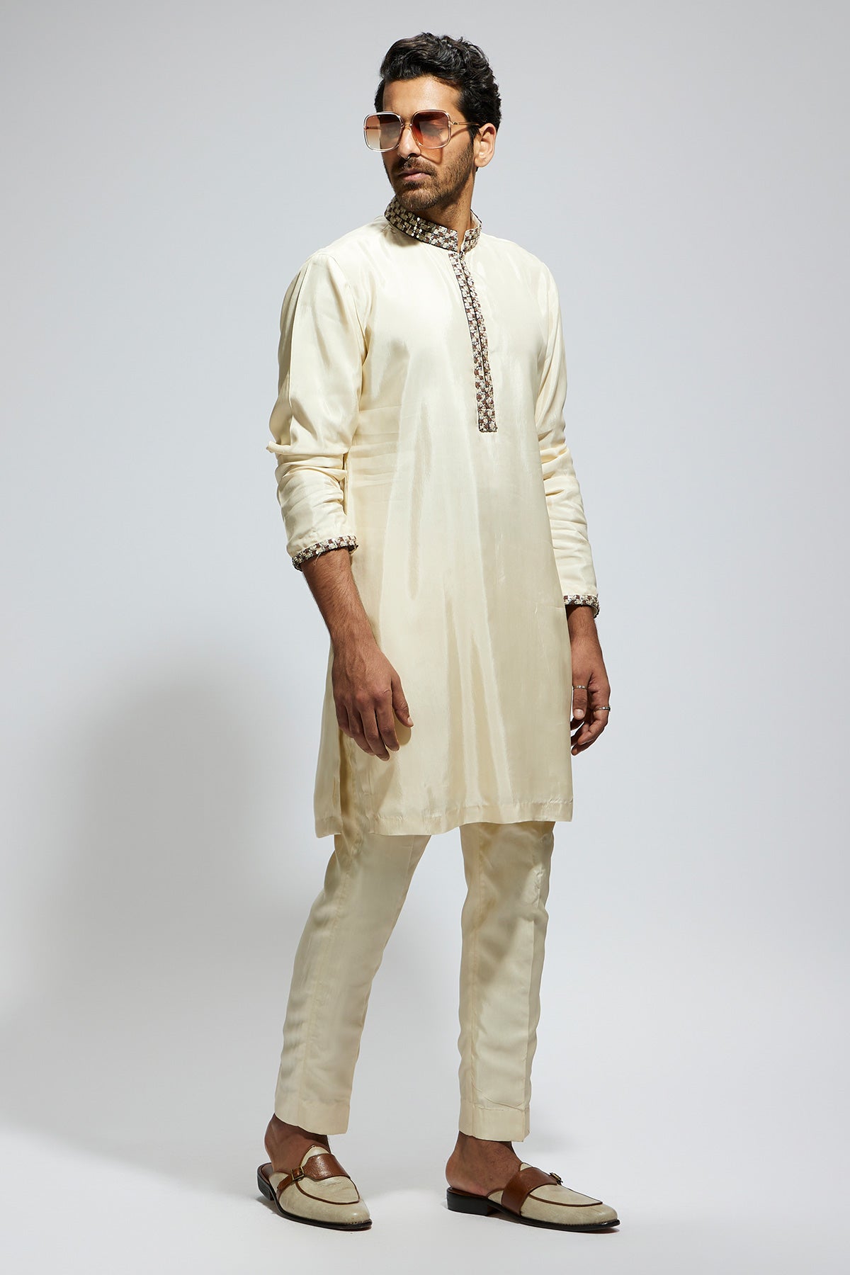 Beige Solid Kurta with Embellished Collar and Kurta Patti