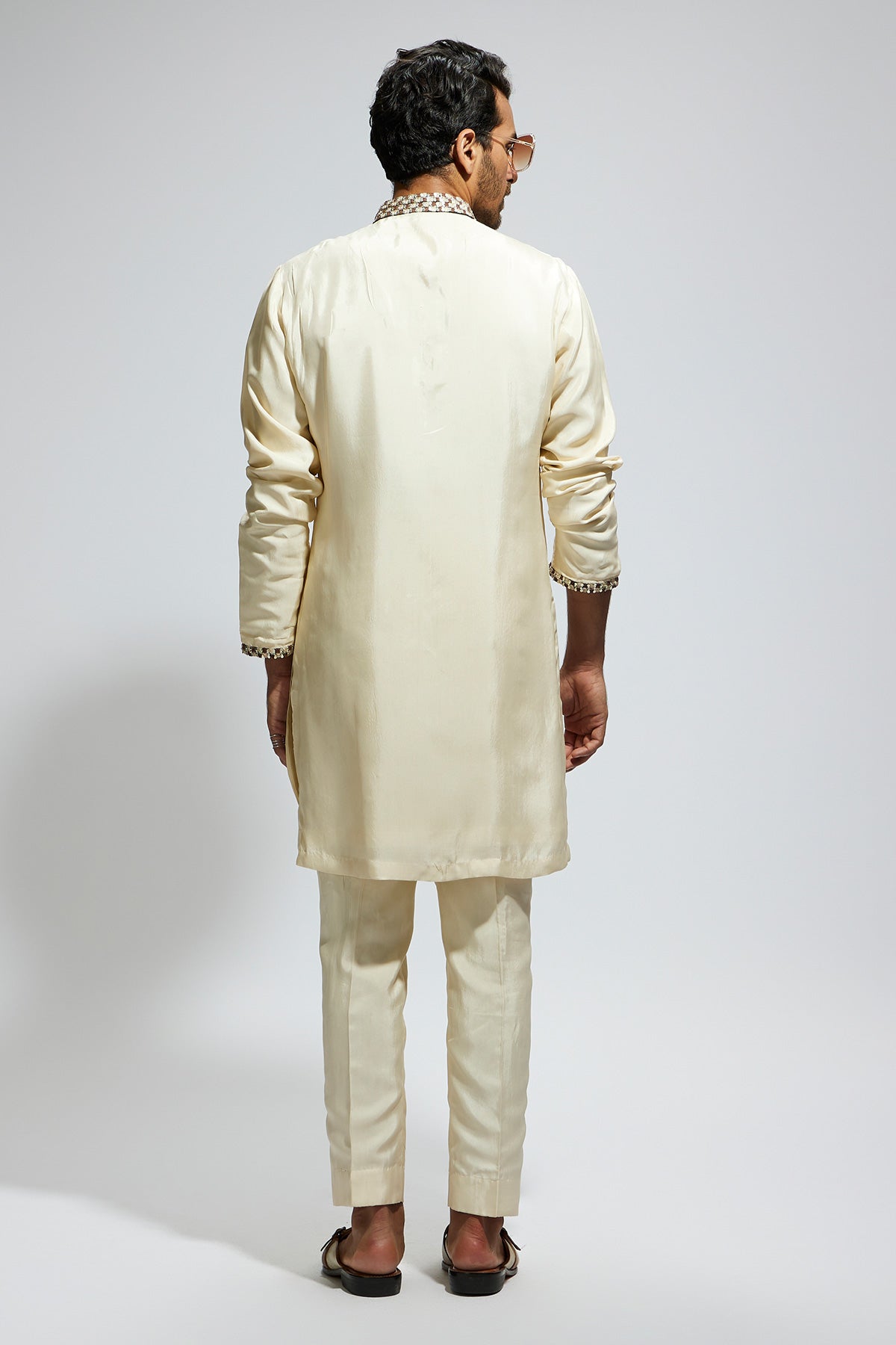 Beige Solid Kurta with Embellished Collar and Kurta Patti