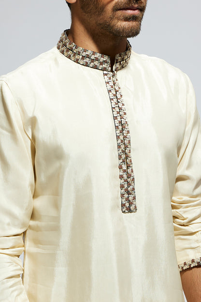 Beige Solid Kurta with Embellished Collar and Kurta Patti