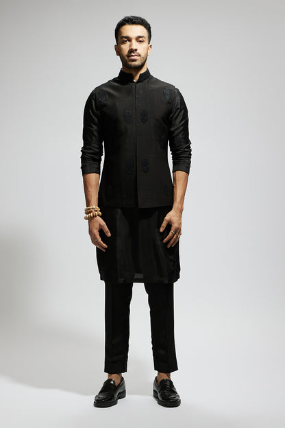 Black Mask Threadwork Bundi with Black Kurta and Pants