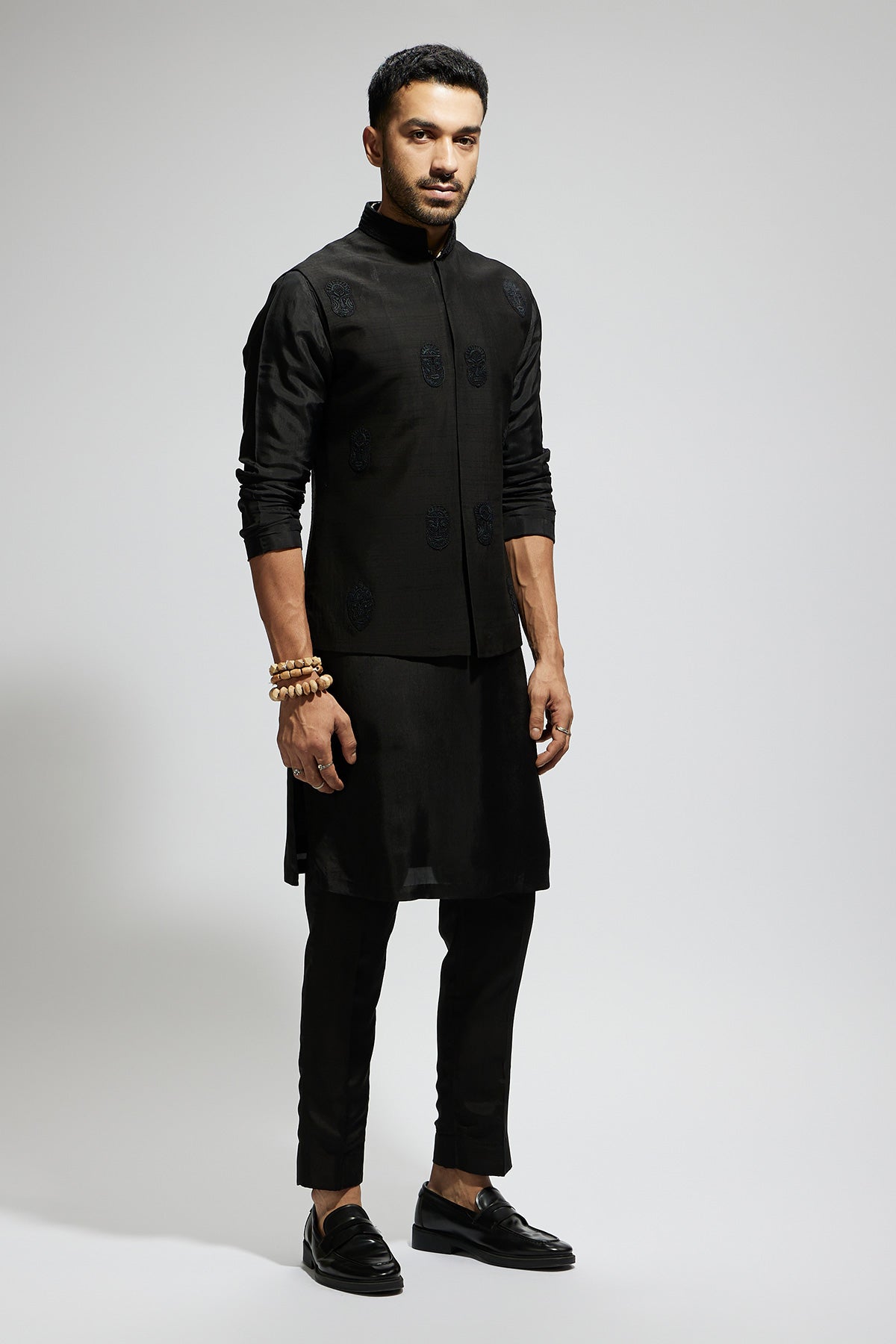 Black Mask Threadwork Bundi with Black Kurta and Pants