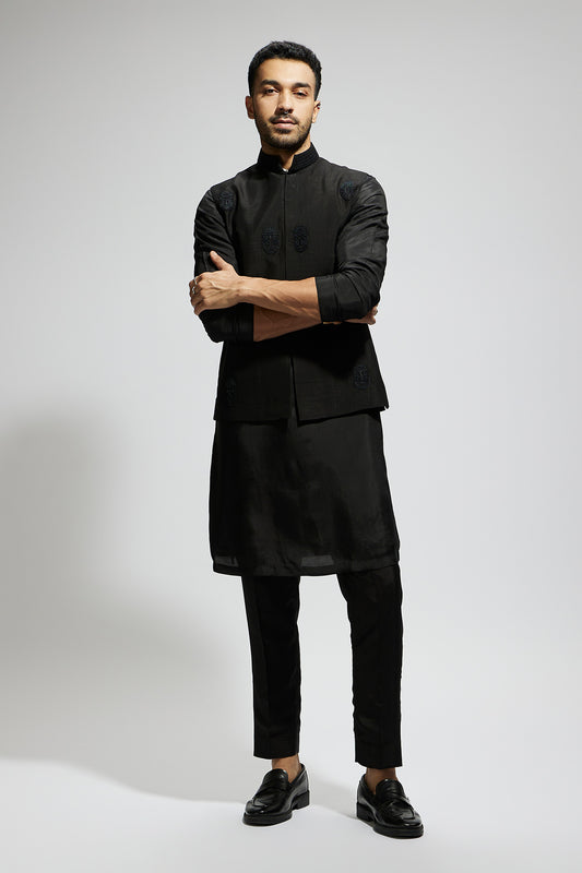 Black Mask Threadwork Bundi with Black Kurta and Pants