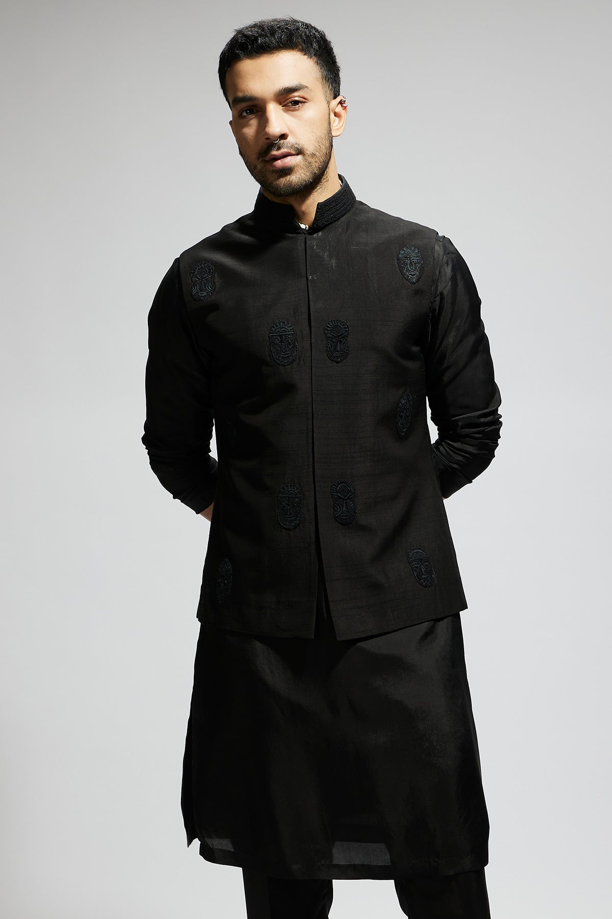 Black Mask Threadwork Bundi with Black Kurta and Pants