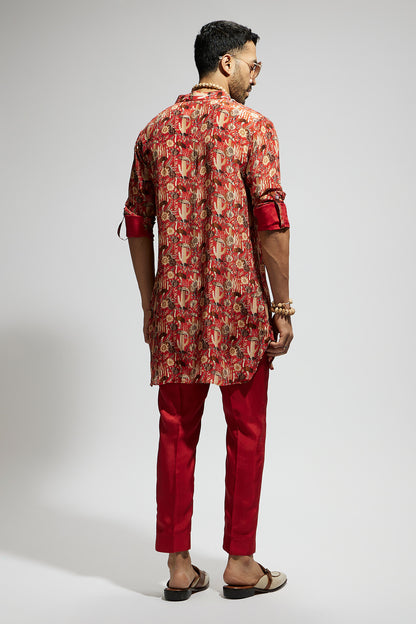 Orange Jaal Rolled up Sleeves Kurta