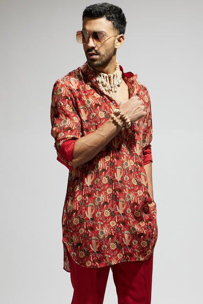 Orange Jaal Rolled up Sleeves Kurta