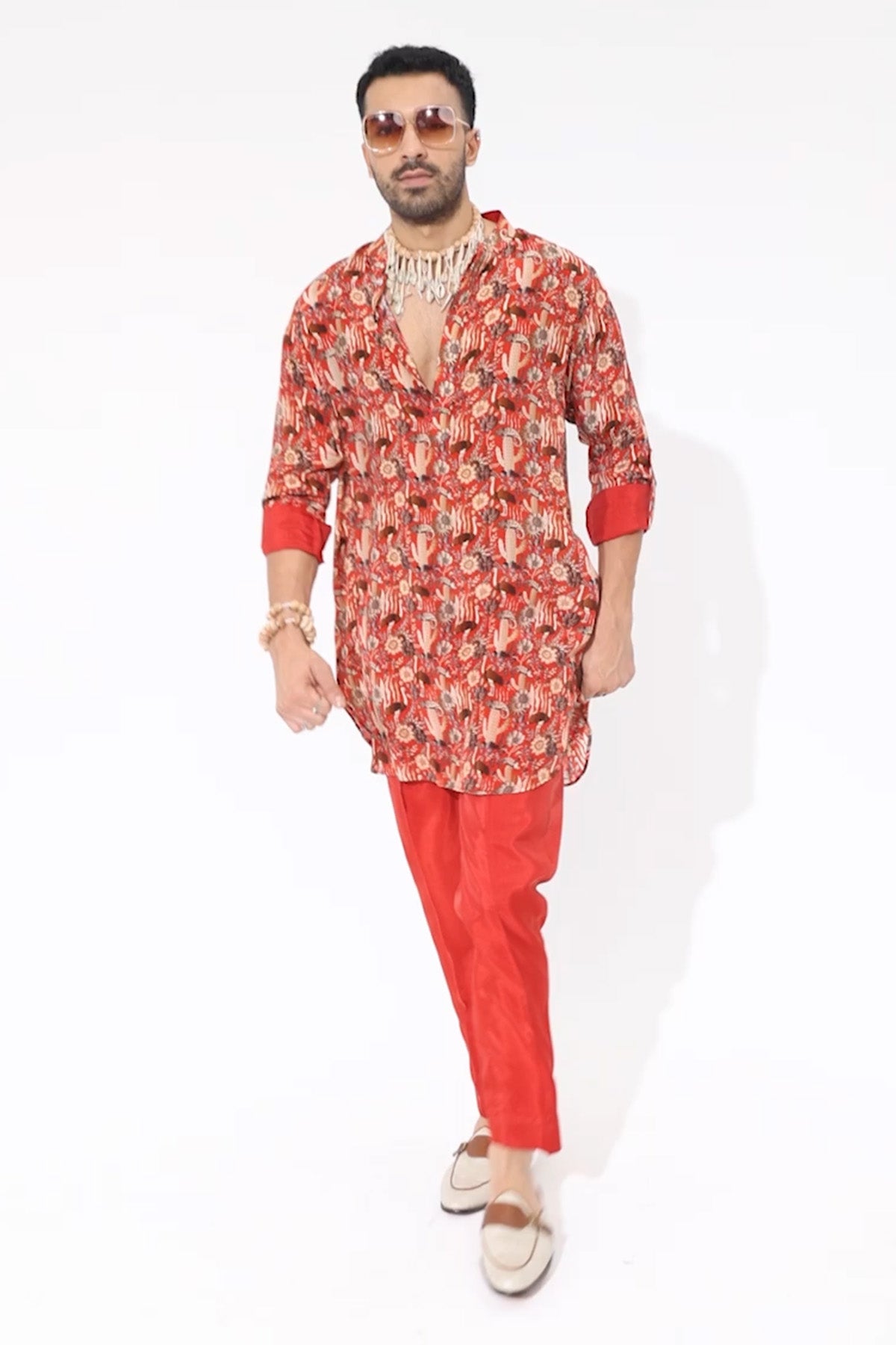 Orange Jaal Rolled up Sleeves Kurta