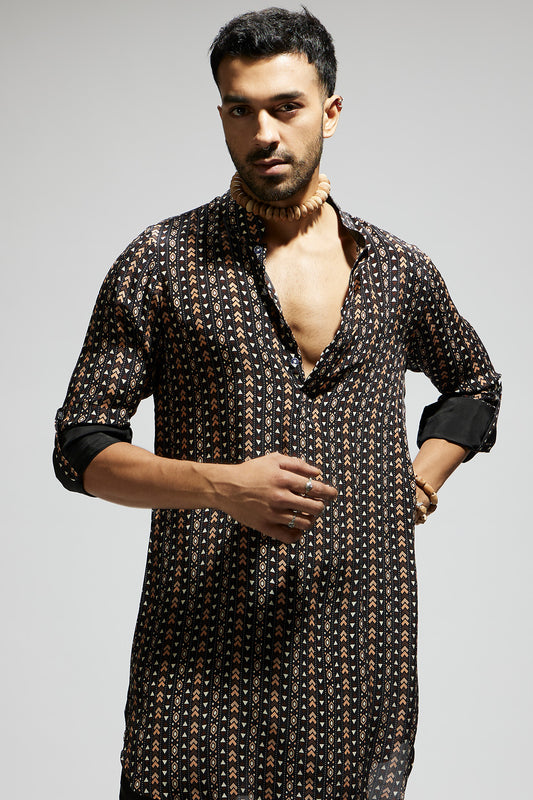 Black Boho Print Rolled up Sleeves Kurta