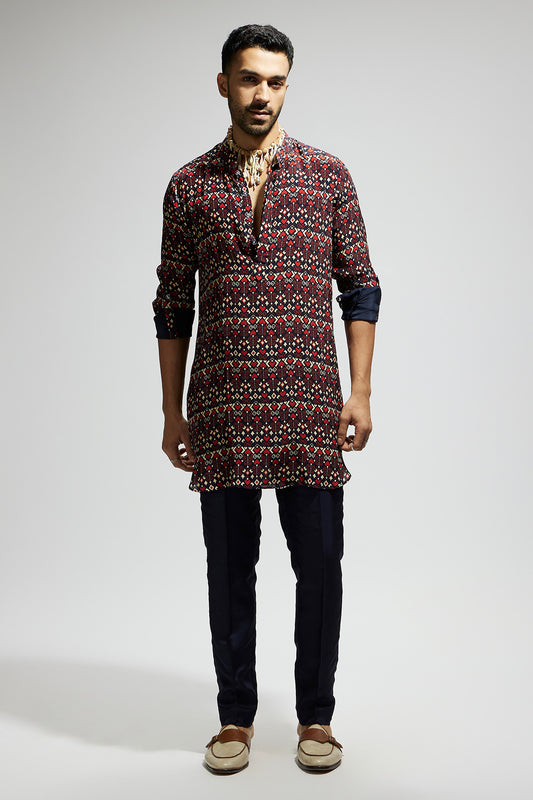 Blue Geo Print Rolled up Sleeves Kurta