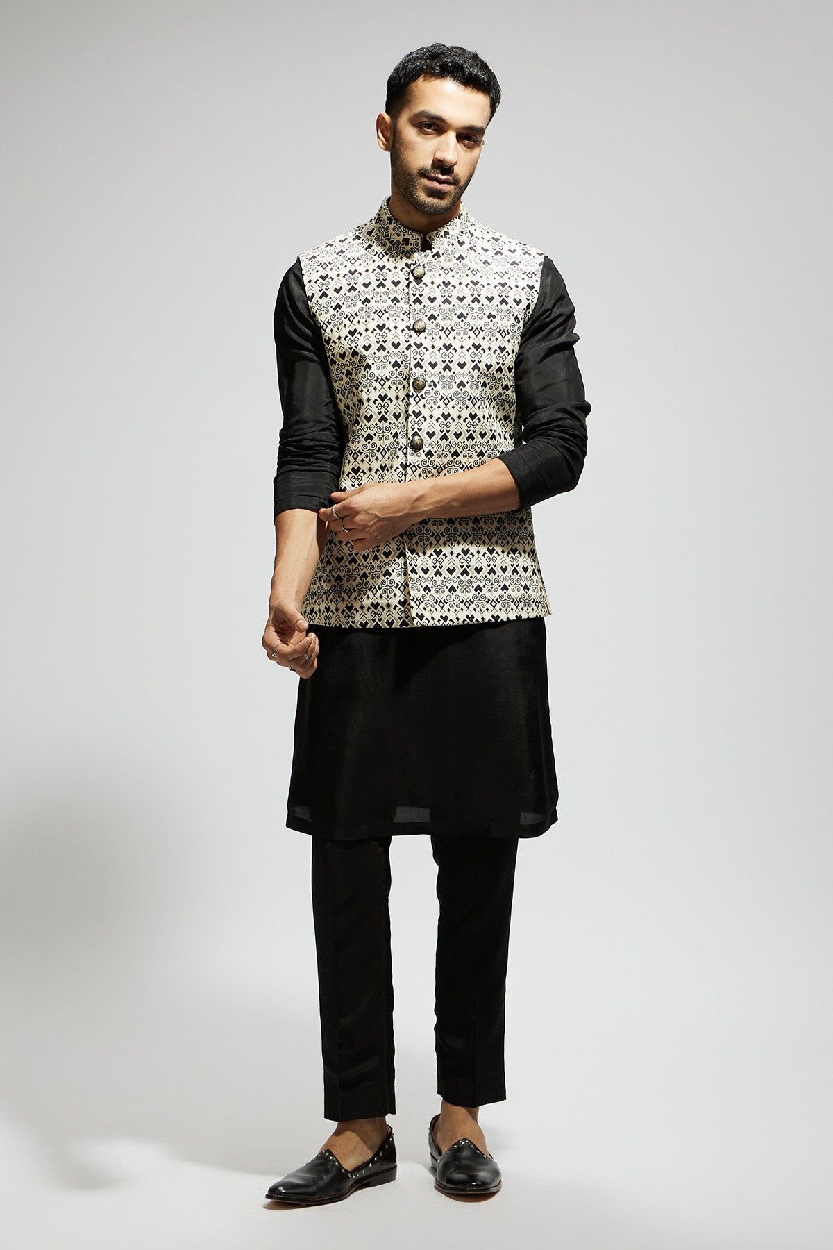 White Geo Printed Bundi and Black Kurta and Pants