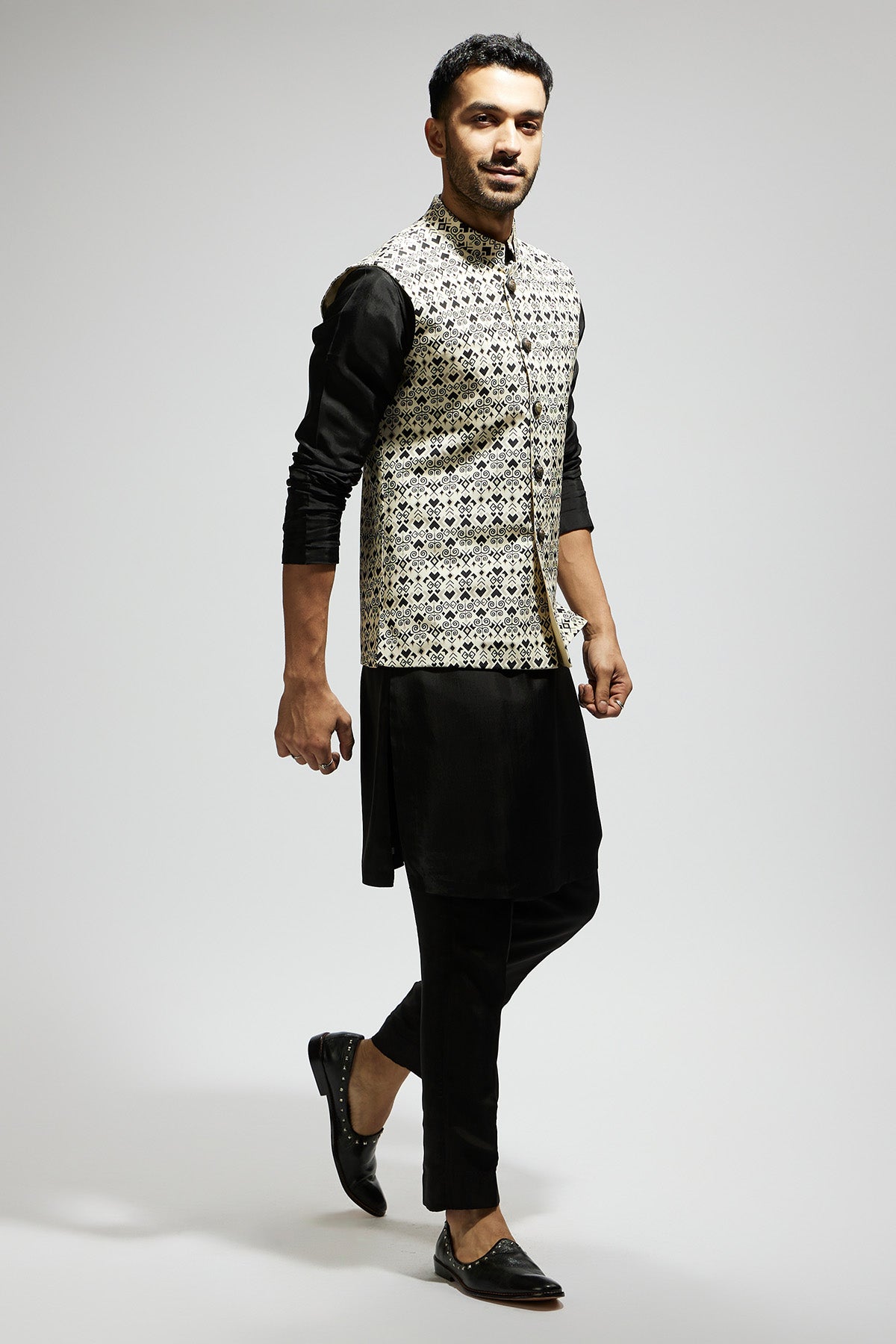 White Geo Printed Bundi and Black Kurta and Pants