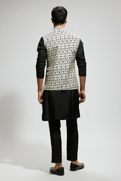 White Geo Printed Bundi and Black Kurta and Pants