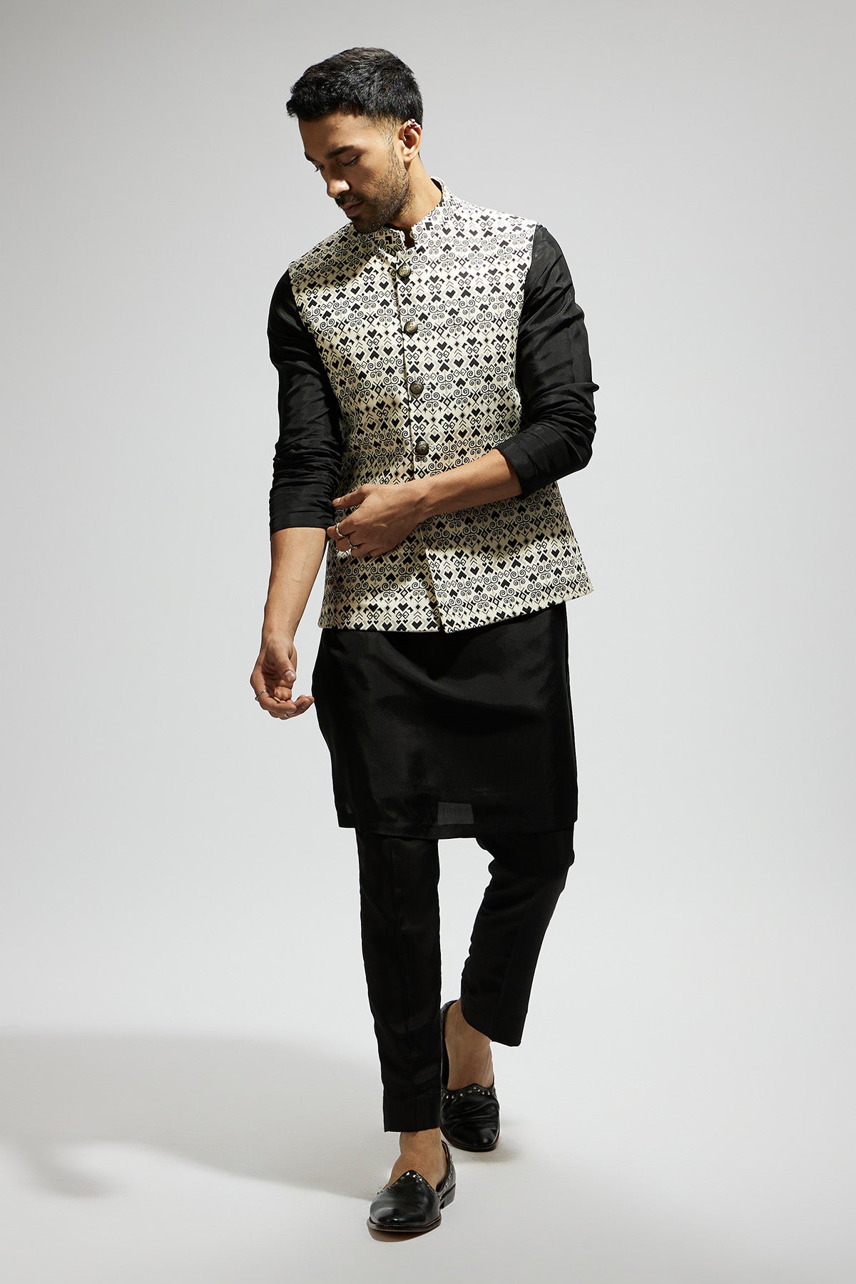 White Geo Printed Bundi and Black Kurta and Pants