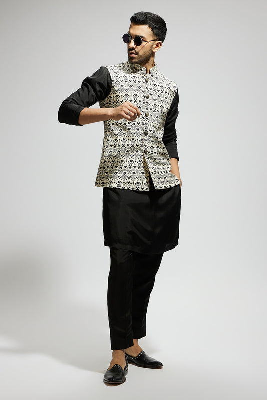 White Geo Printed Bundi and Black Kurta and Pants