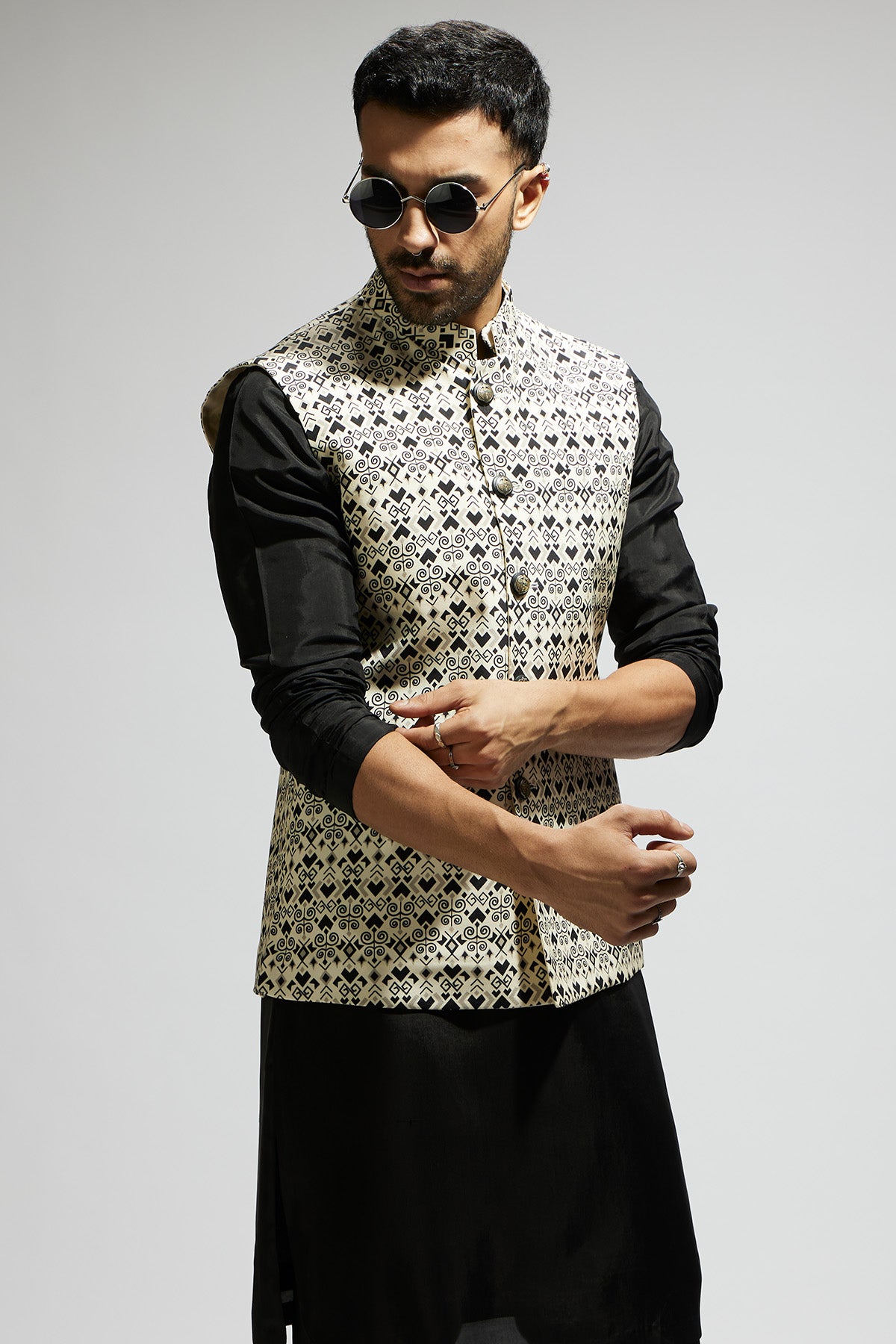 White Geo Printed Bundi and Black Kurta and Pants