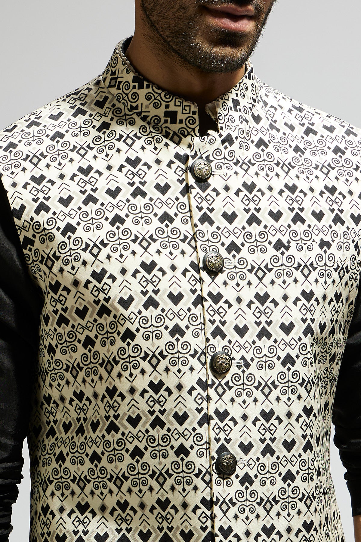 White Geo Printed Bundi and Black Kurta and Pants